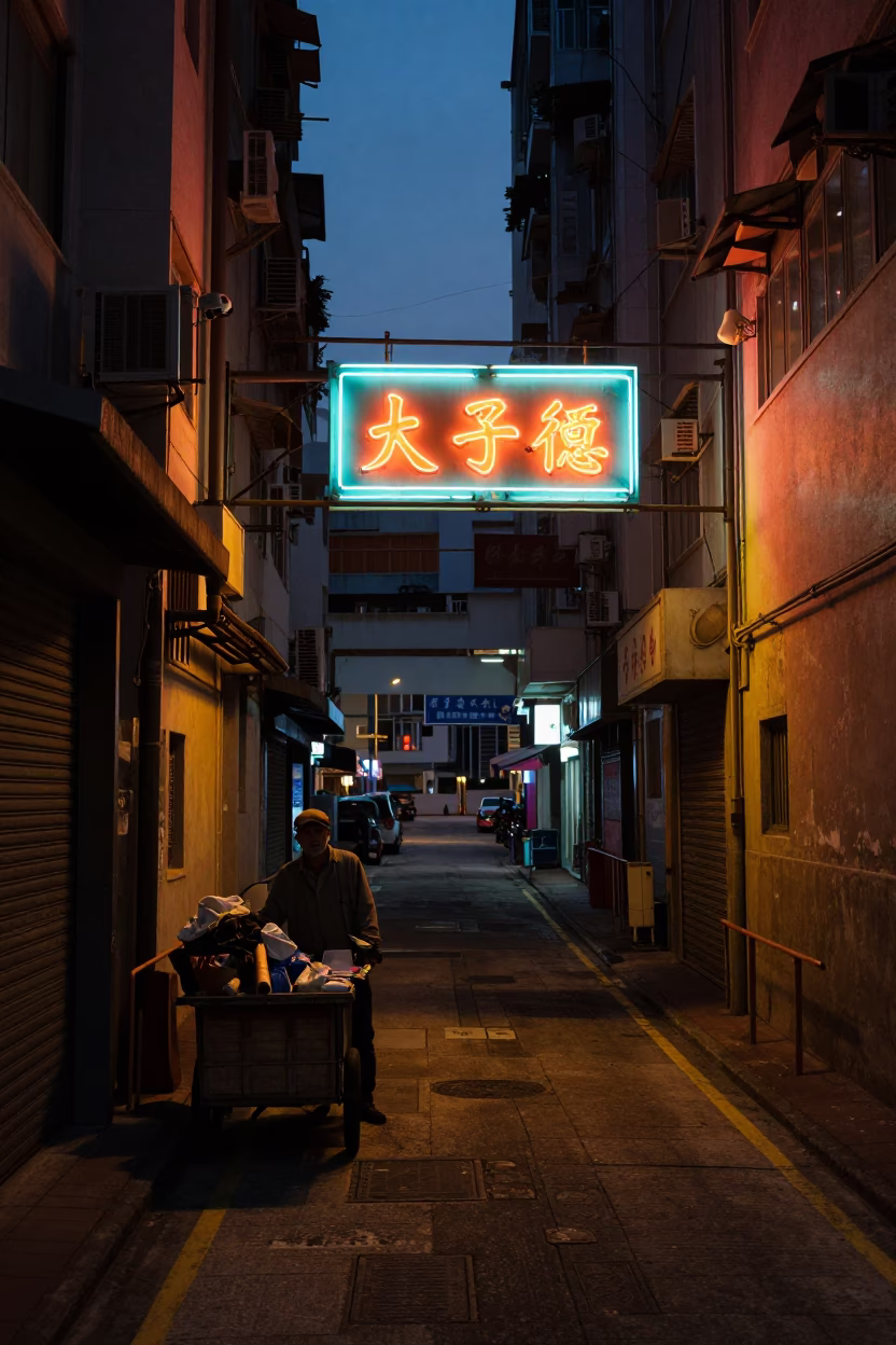 Street Scene in Hong Kong at The Predawn Darkness Light in in Hong Kong, Hong Kong