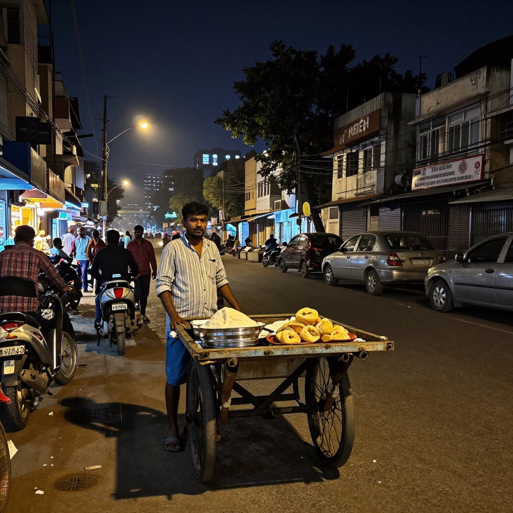 Street Scene in Hyderabad at As City Lights Begin To Glow in in Hyderabad, India