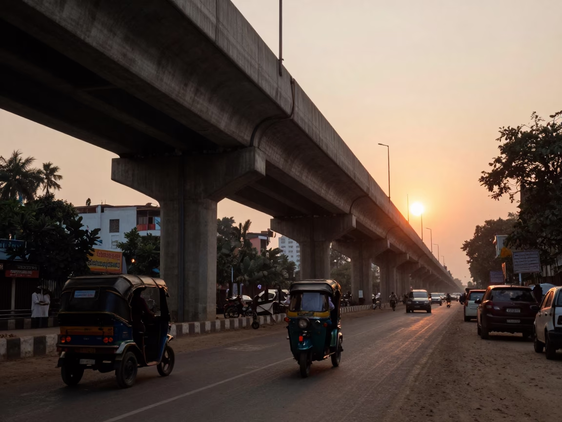 Street Scene in Hyderabad at As The Sun Drops Toward The Horizon in in Hyderabad, India