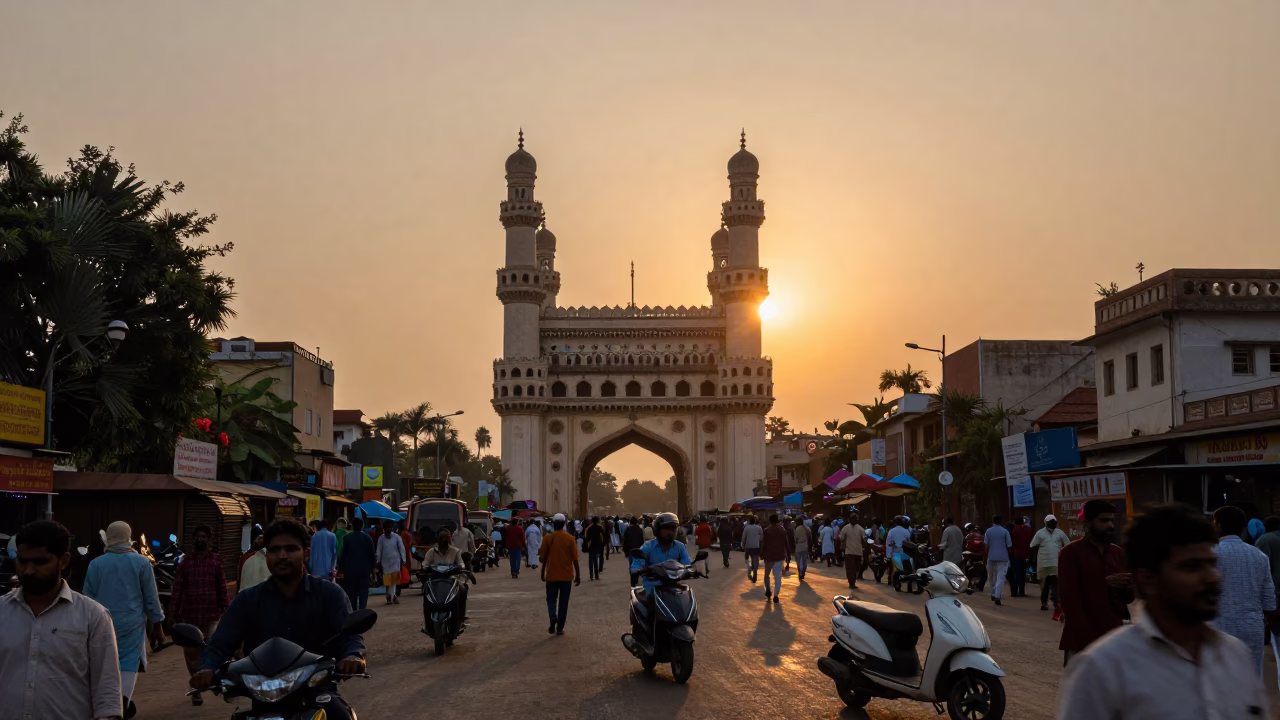 Street Scene in Hyderabad at As The Sun Drops Toward The Horizon in in Hyderabad, India
