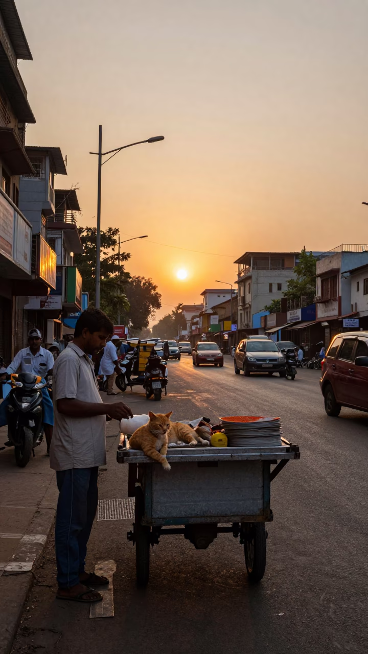 Street Scene in Hyderabad at As The Sun Drops Toward The Horizon in in Hyderabad, India
