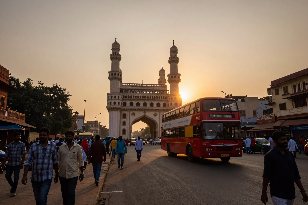 Street Scene in Hyderabad at As The Sun Drops Toward The Horizon in in Hyderabad, India
