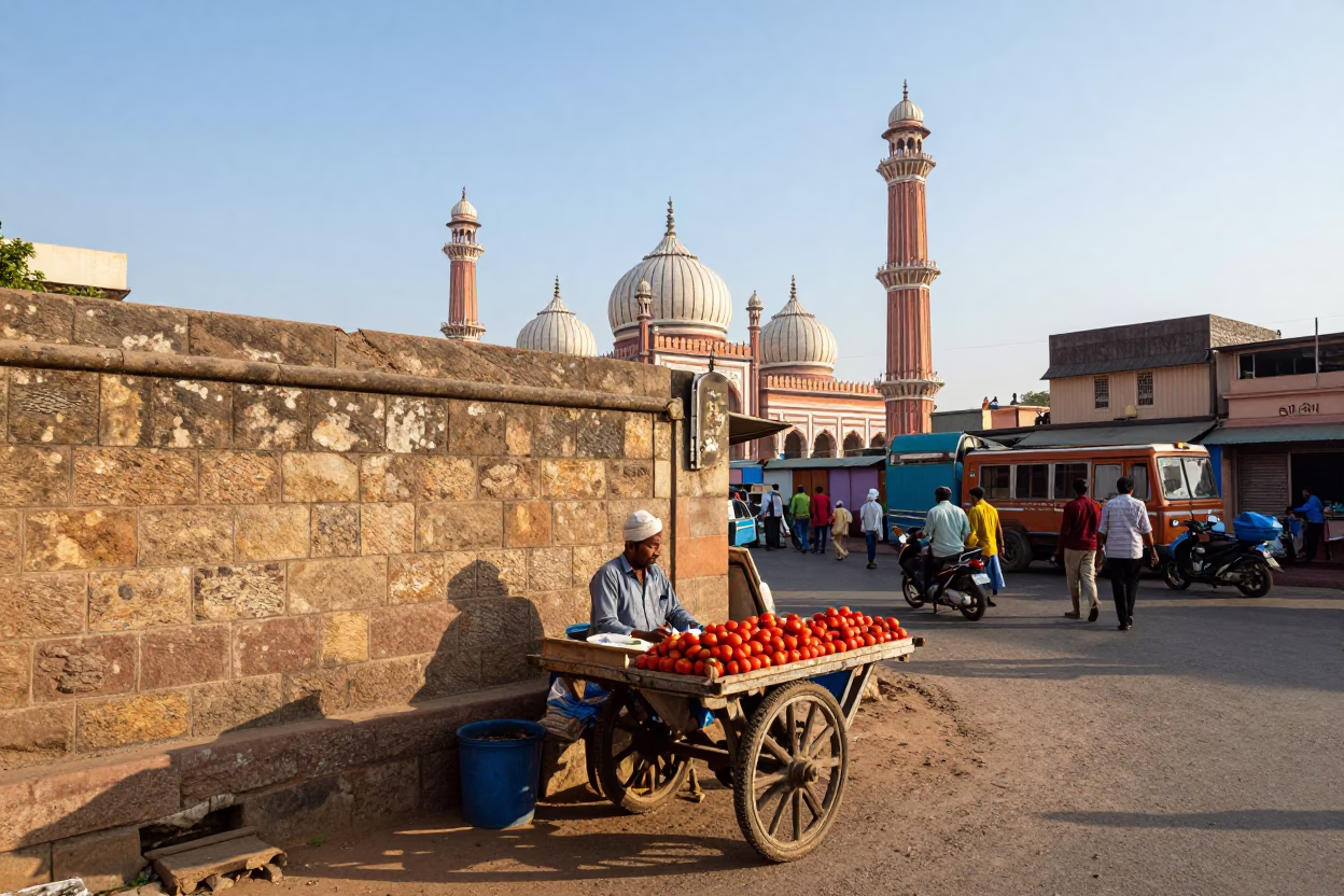 Street Scene in Hyderabad at Clear Late-afternoon Light in in Hyderabad, India