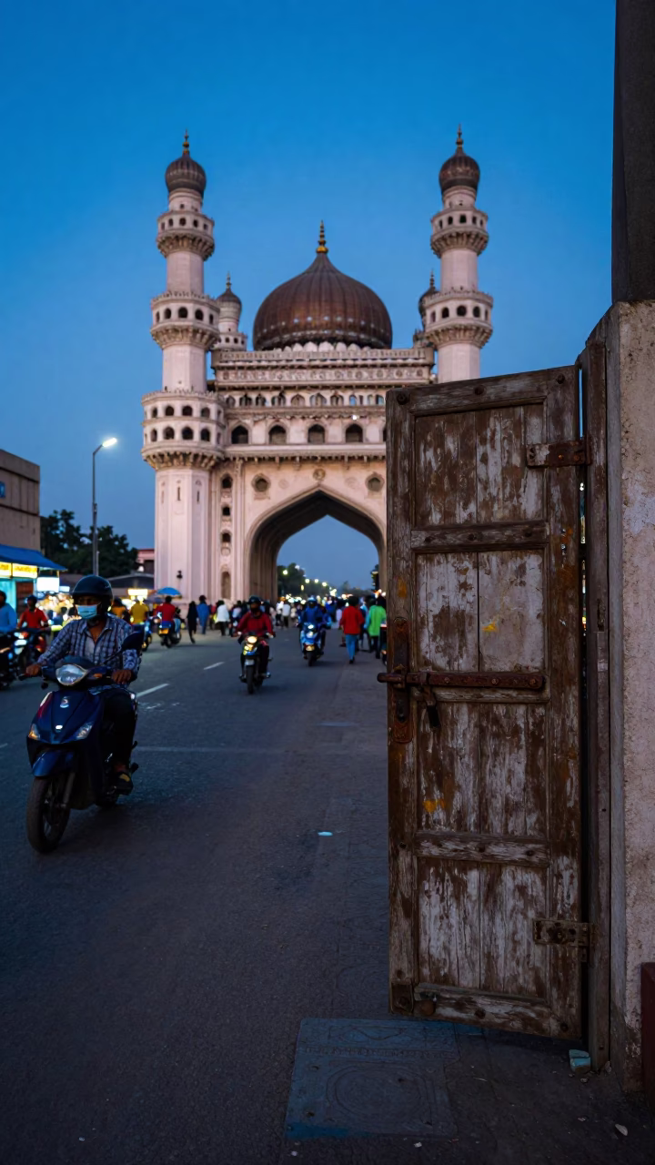 Street Scene in Hyderabad at Nautical Dawn Light in in Hyderabad, India
