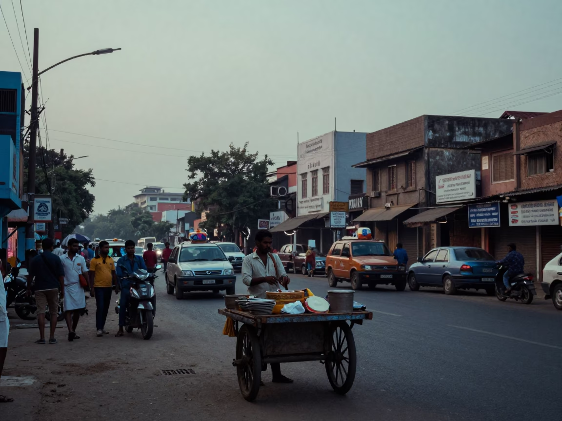 Street Scene in Hyderabad at Nautical Dawn Light in in Hyderabad, India