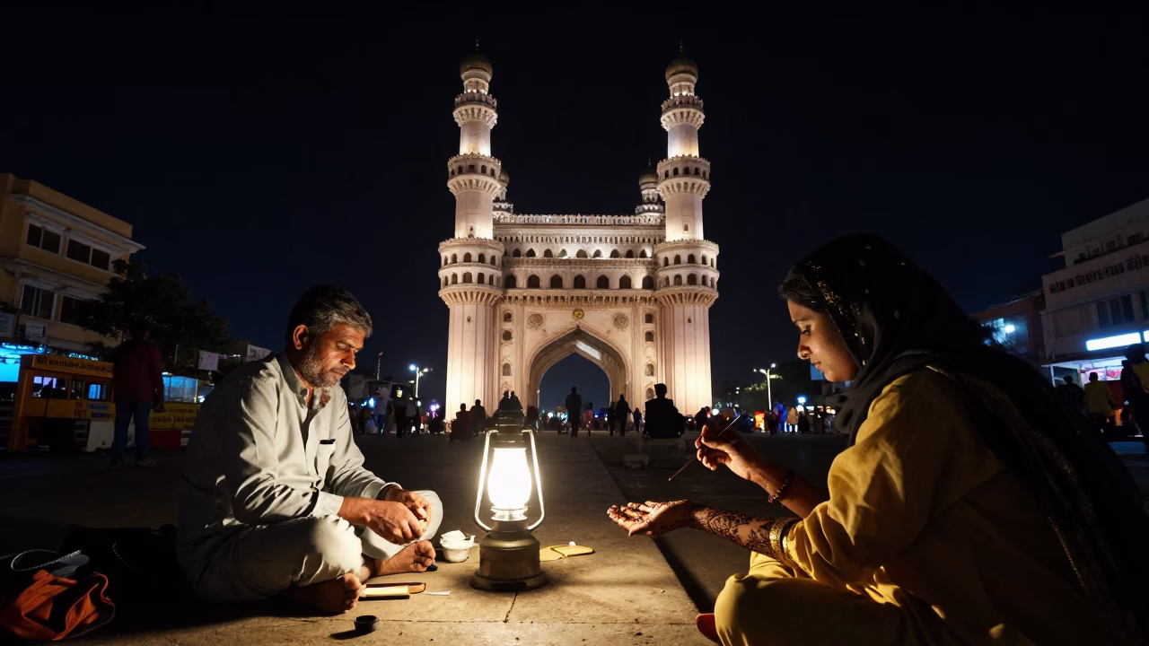 Street Scene in Hyderabad at The Deepest Night Sky Light in in Hyderabad, India