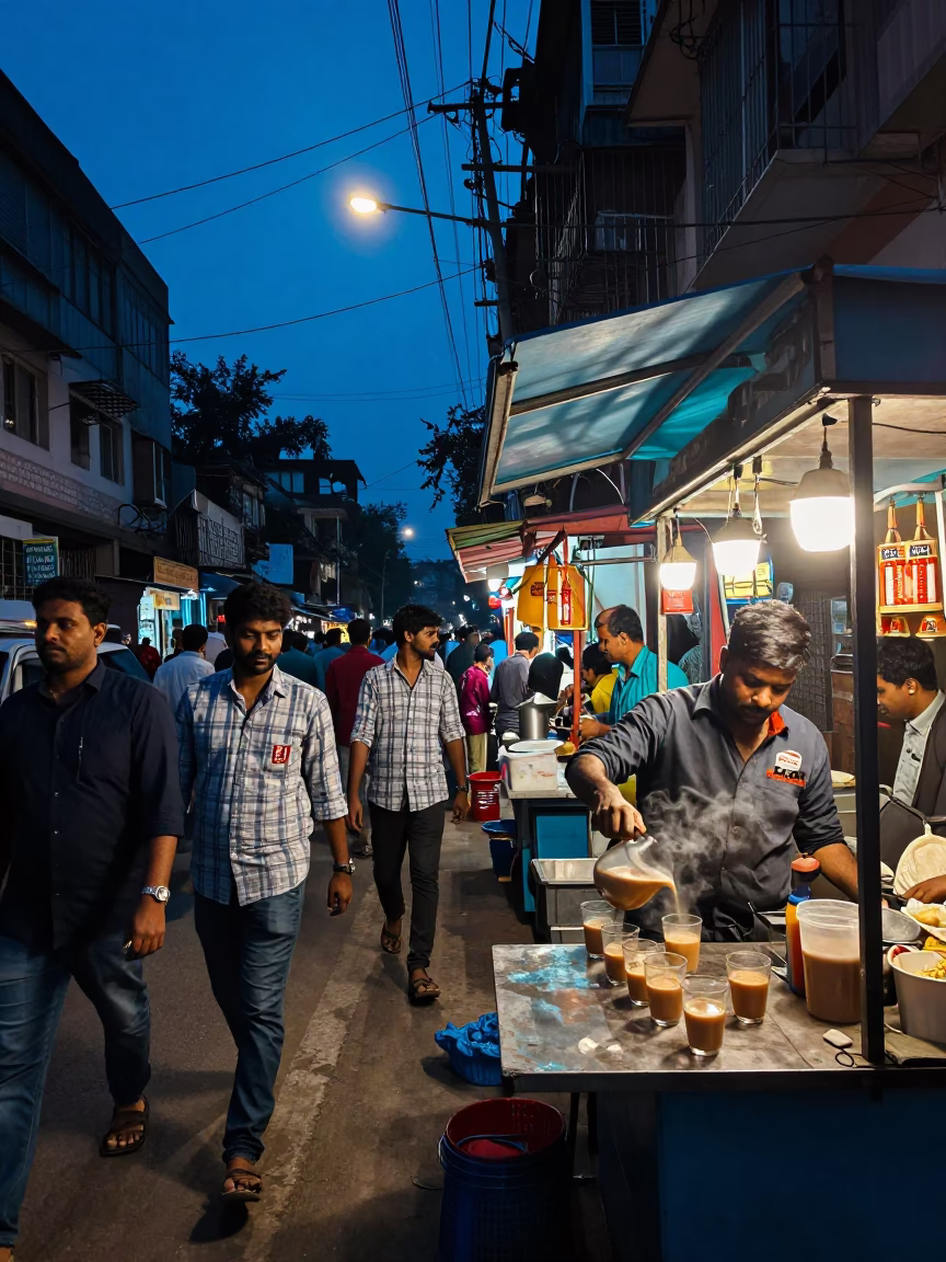 Street Scene in Hyderabad at The Last Blue Light Of Evening in in Hyderabad, India