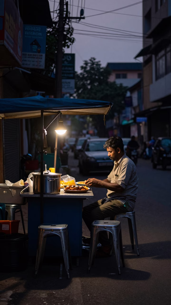 Street Scene in Hyderabad at The Predawn Darkness Light in in Hyderabad, India