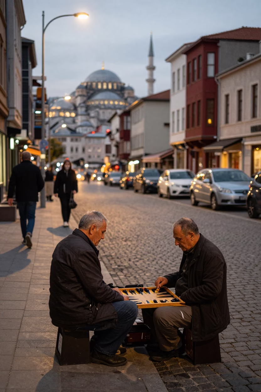 Street Scene in Istanbul at As City Lights Begin To Glow in in Istanbul, Turkey