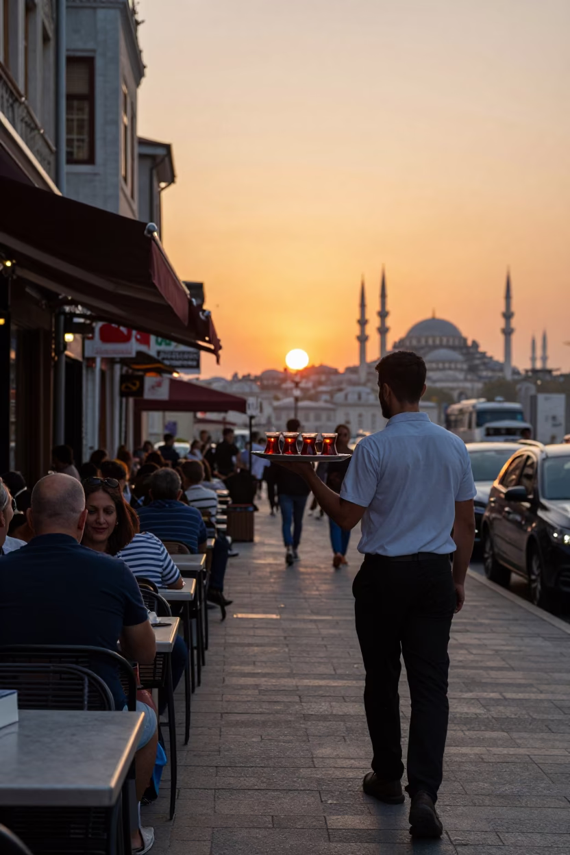 Street Scene in Istanbul at As The Sun Drops Toward The Horizon in in Istanbul, Turkey