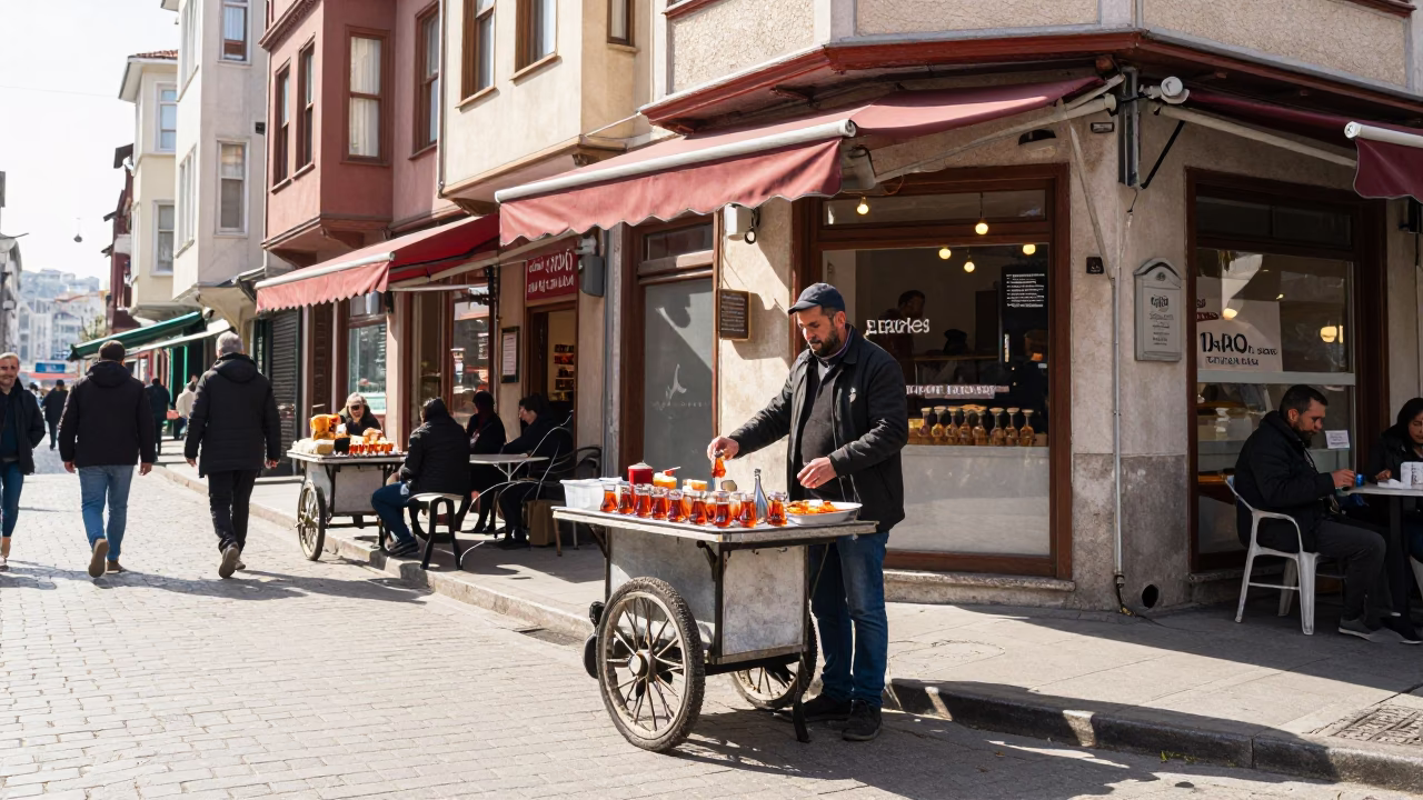 Street Scene in Istanbul at Bright Midmorning Light in in Istanbul, Turkey