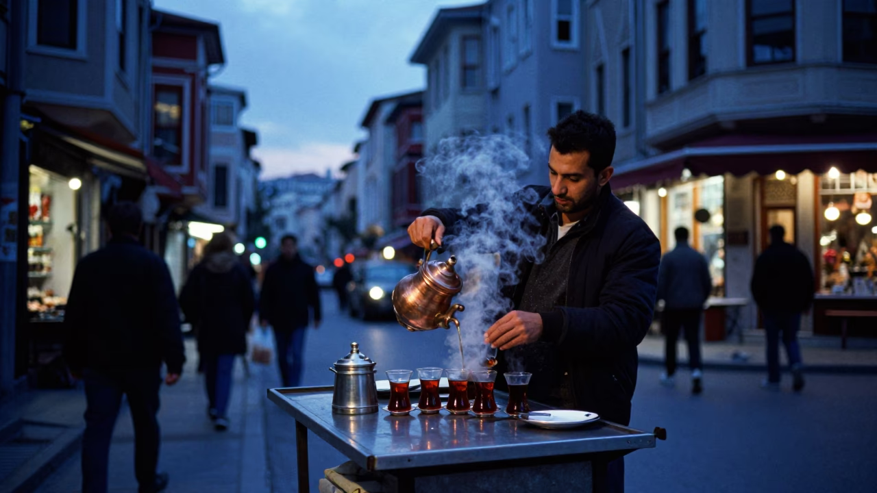 Street Scene in Istanbul at Indigo Twilight After Sunset in in Istanbul, Turkey