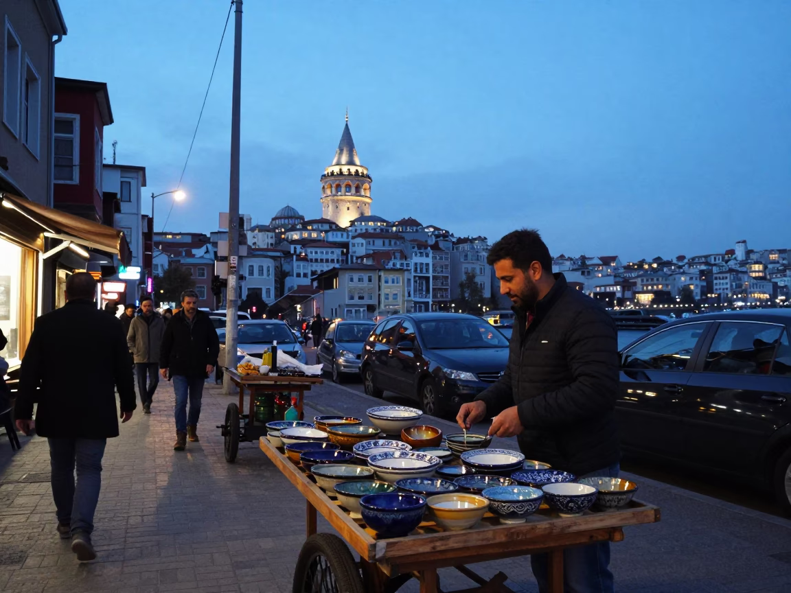 Street Scene in Istanbul at Twilight in in Istanbul, Turkey