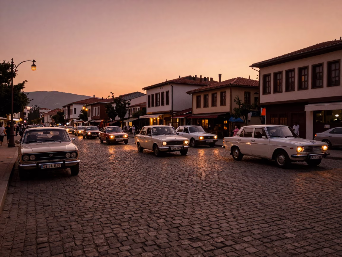 Street Scene in Izmir at Copper-toned Light Before Dusk in in Izmir, Turkey