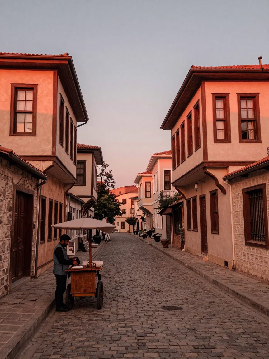 Street Scene in Izmir at Copper-toned Light Before Dusk in in Izmir, Turkey