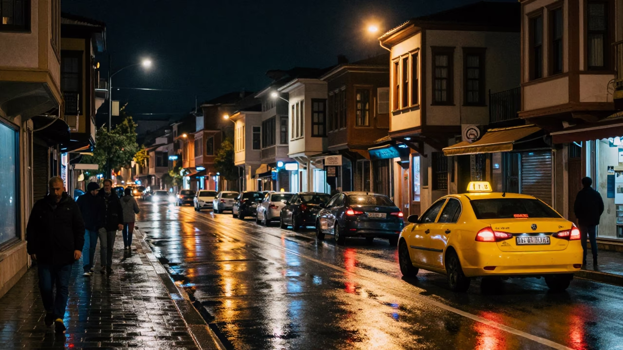 Street Scene in Izmir at Deep In The Night Light in in Izmir, Turkey