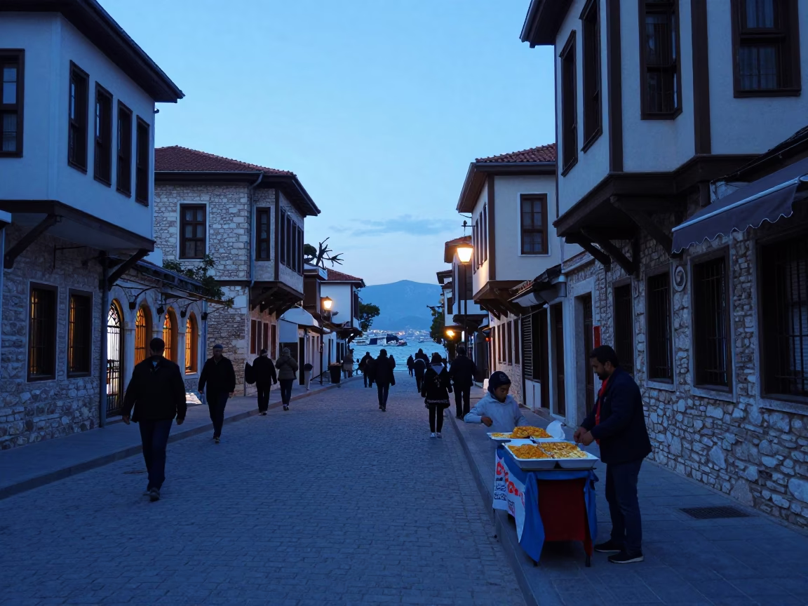 Street Scene in Izmir at Nautical Dawn Light in in Izmir, Turkey