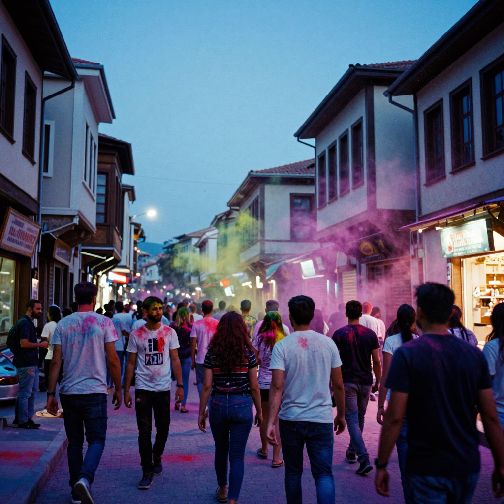 Street Scene in Izmir at The Last Blue Light Of Evening in in Izmir, Turkey