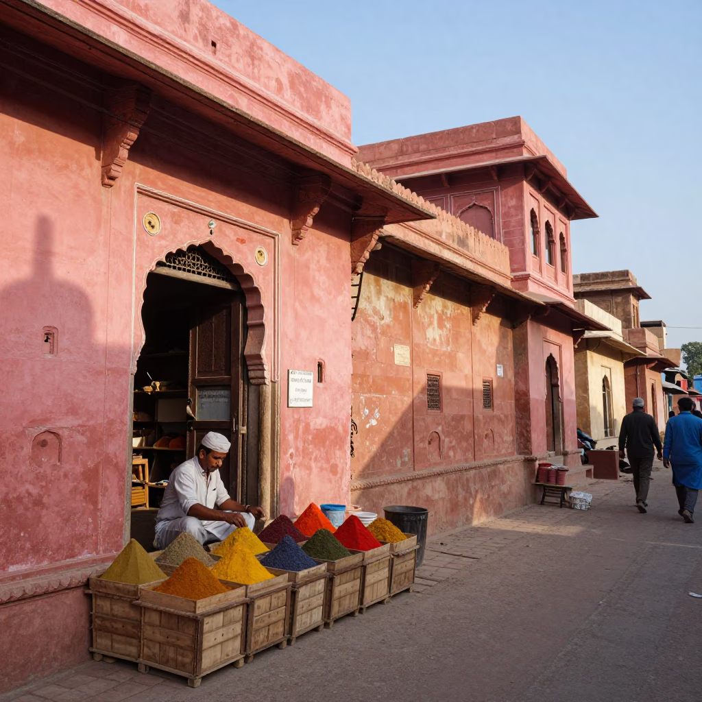 Street Scene in Jaipur at As First Light Reaches The Scene in in Jaipur, India