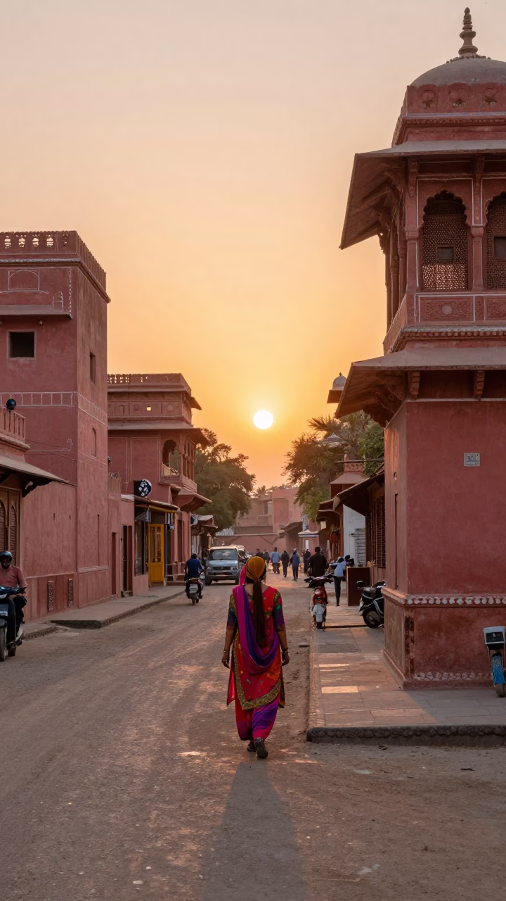 Street Scene in Jaipur at As The Sun Drops Toward The Horizon in in Jaipur, India