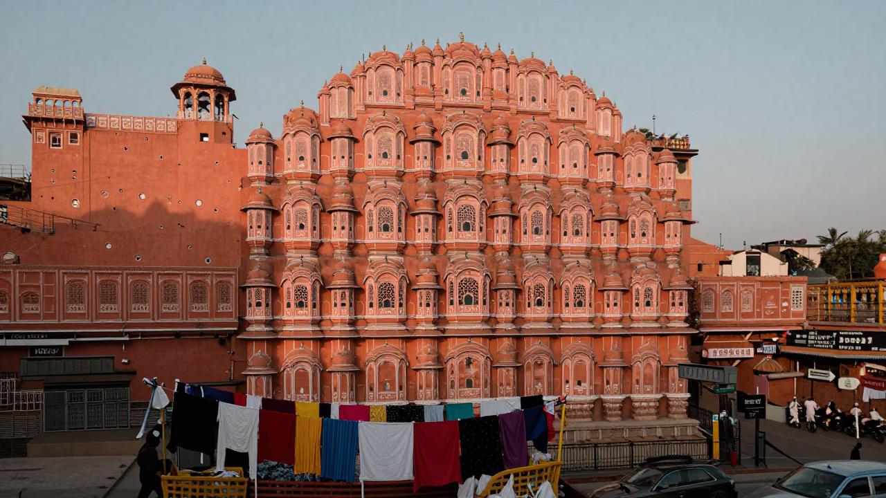 Street Scene in Jaipur at Copper-toned Light Before Dusk in in Jaipur, India