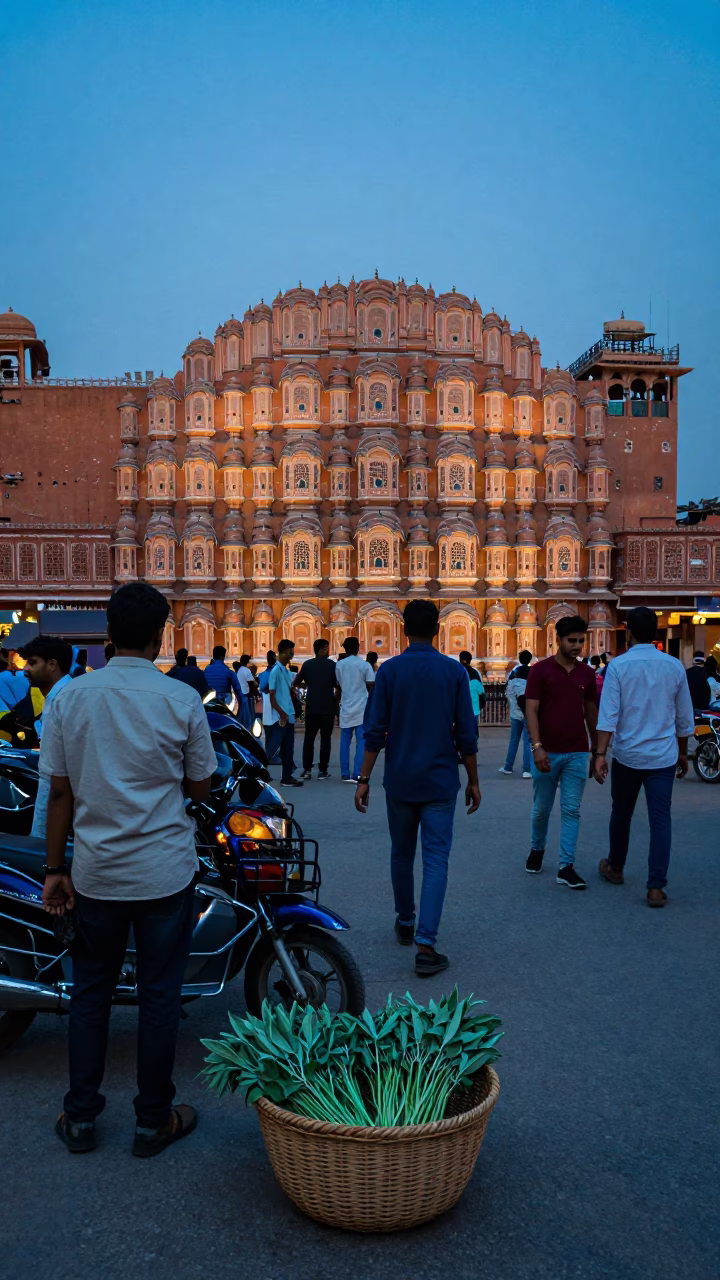 Street Scene in Jaipur at Indigo Twilight After Sunset in in Jaipur, India