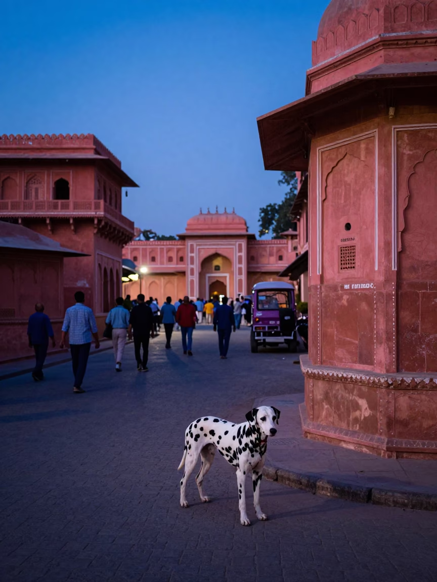 Street Scene in Jaipur at Indigo Twilight After Sunset in in Jaipur, India