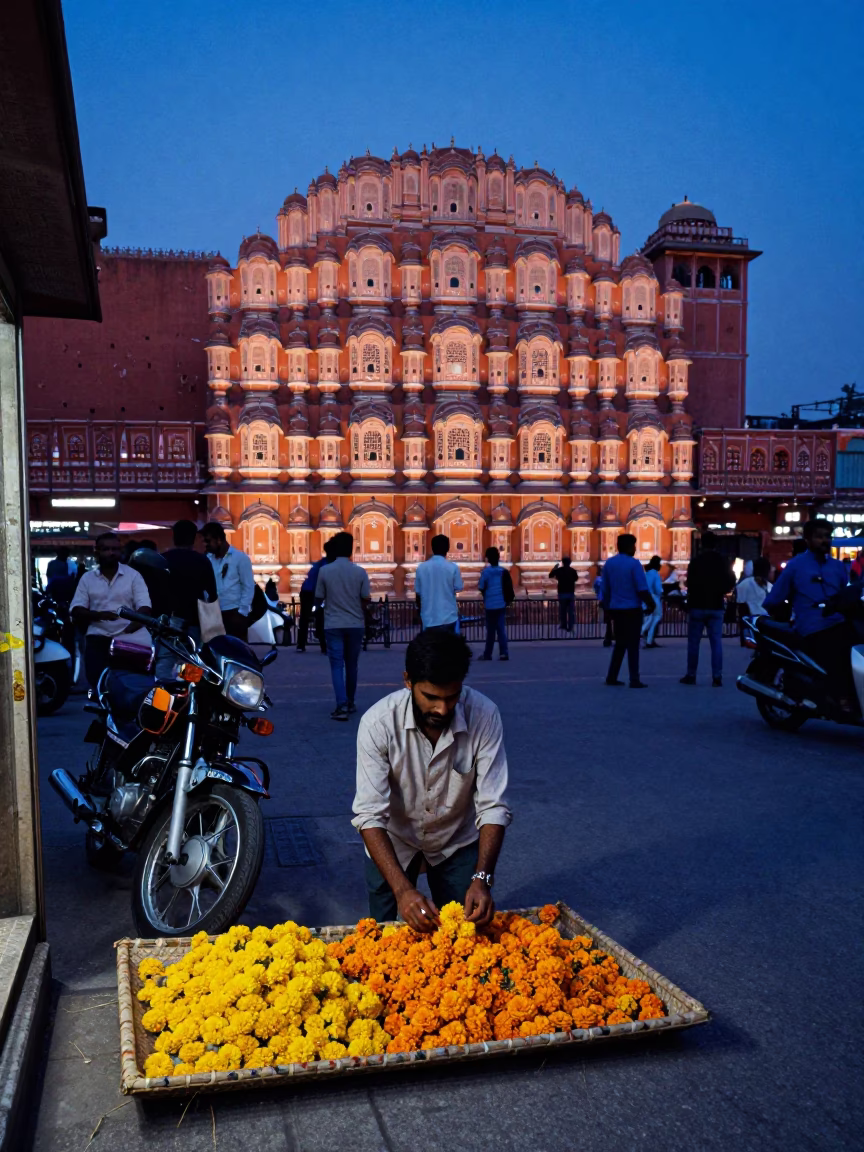 Street Scene in Jaipur at Indigo Twilight After Sunset in in Jaipur, India
