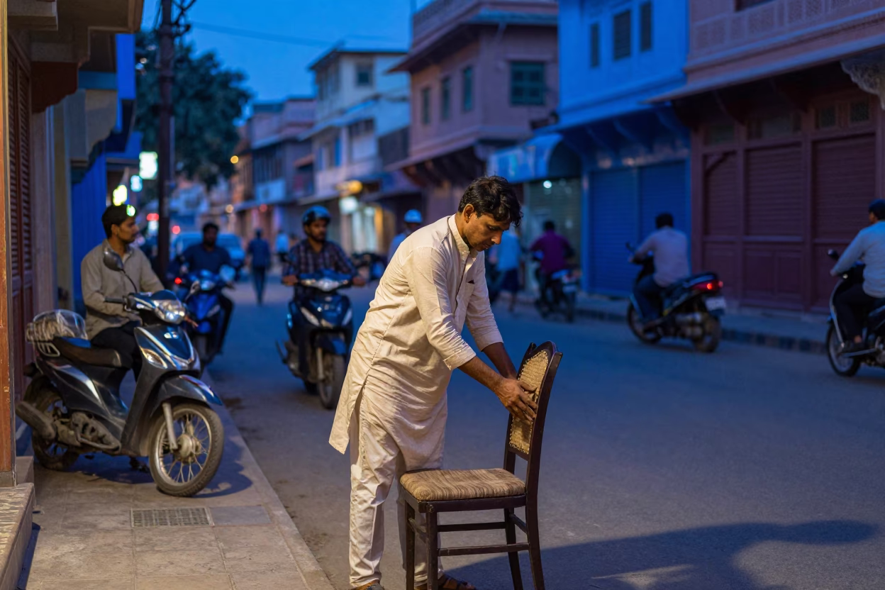 Street Scene in Jaipur at The Last Blue Light Of Evening in in Jaipur, India