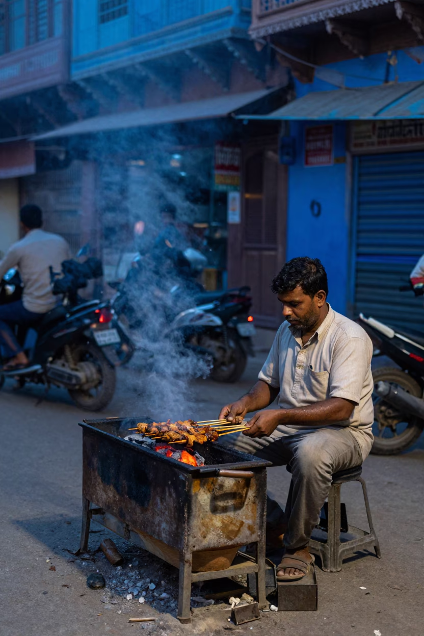 Street Scene in Jaipur at The Last Blue Light Of Evening in in Jaipur, India