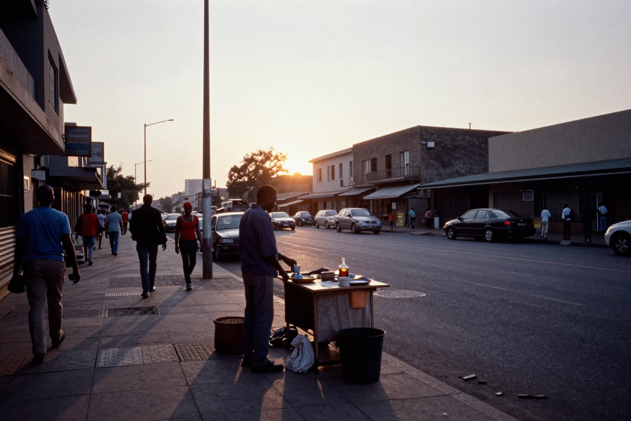 Street Scene in Johannesburg at As The Sun Drops Toward The Horizon in in Johannesburg, South Africa
