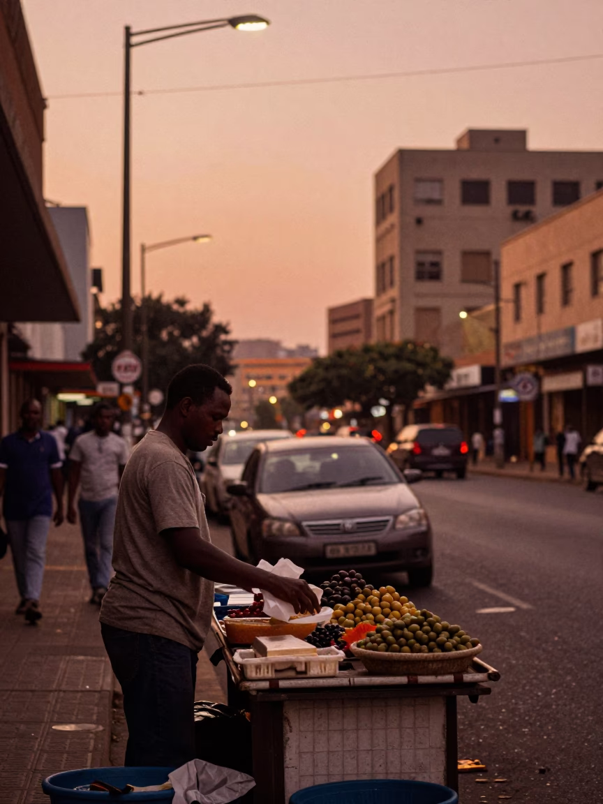Street Scene in Johannesburg at Copper-toned Light Before Dusk in in Johannesburg, South Africa