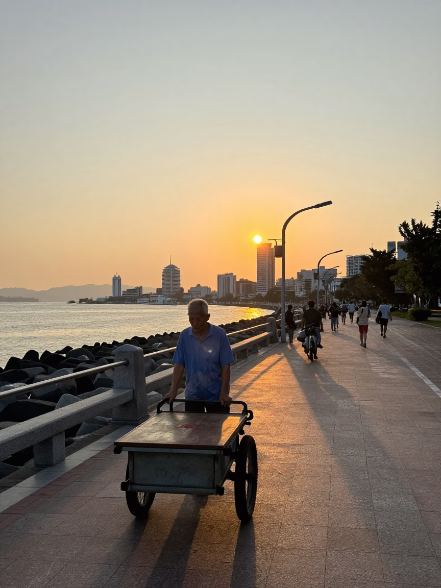 Street Scene in Kaohsiung at As The Sun Drops Toward The Horizon in in Kaohsiung, Taiwan