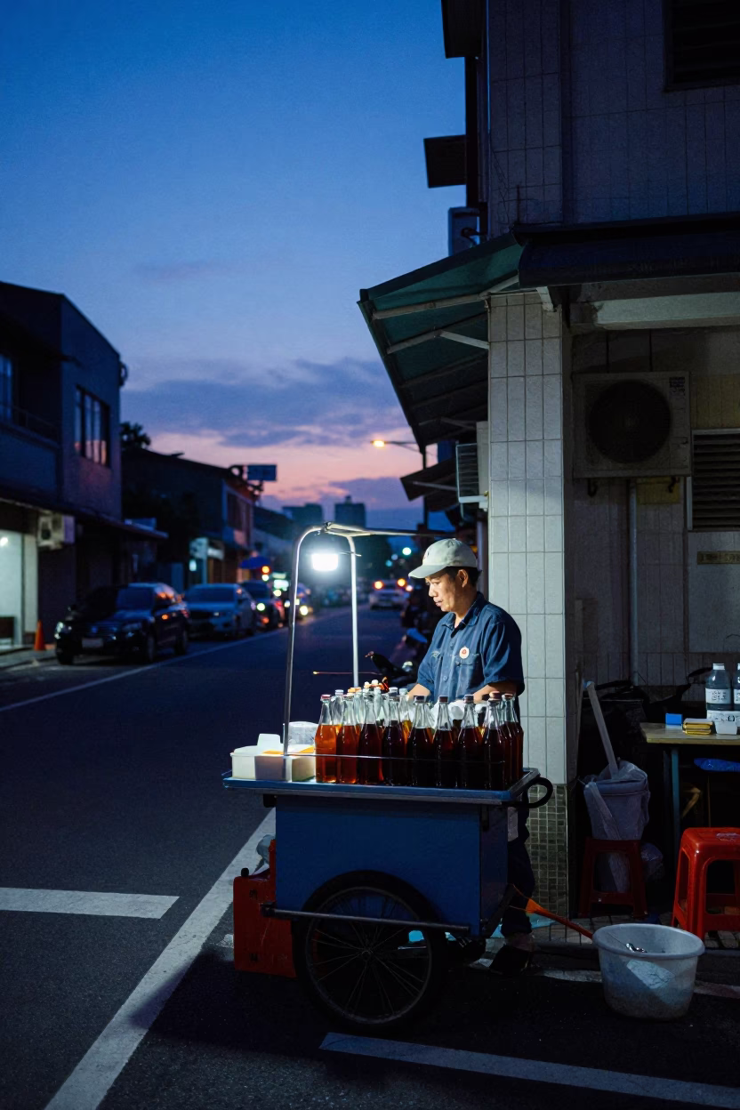 Street Scene in Kaohsiung at Indigo Twilight After Sunset in in Kaohsiung, Taiwan