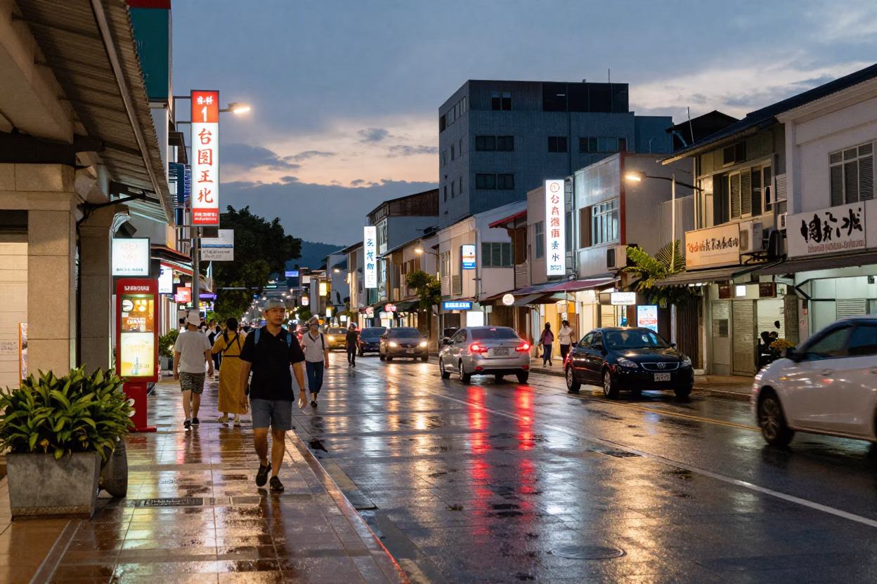 Street Scene in Kaohsiung at The Early Evening Light in in Kaohsiung, Taiwan