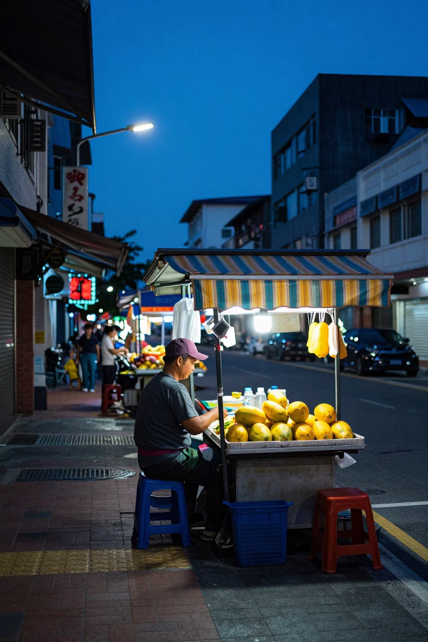 Street Scene in Kaohsiung at The Last Blue Light Of Evening in in Kaohsiung, Taiwan