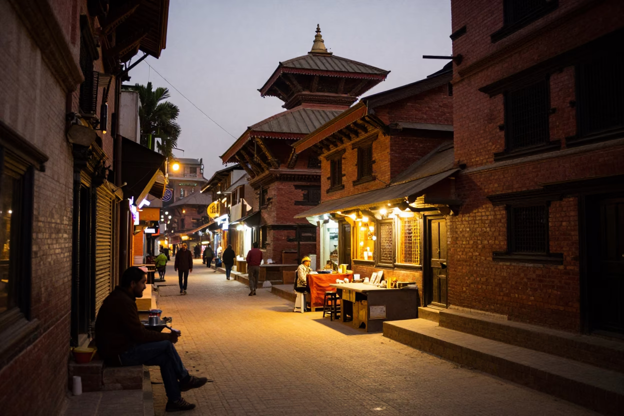 Street Scene in Kathmandu at As City Lights Begin To Glow in in Kathmandu, Nepal