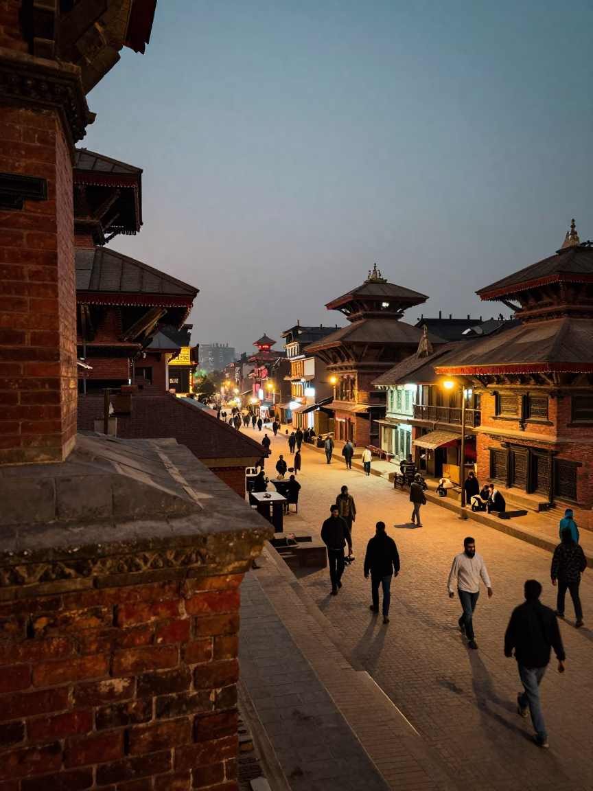 Street Scene in Kathmandu at As City Lights Begin To Glow in in Kathmandu, Nepal