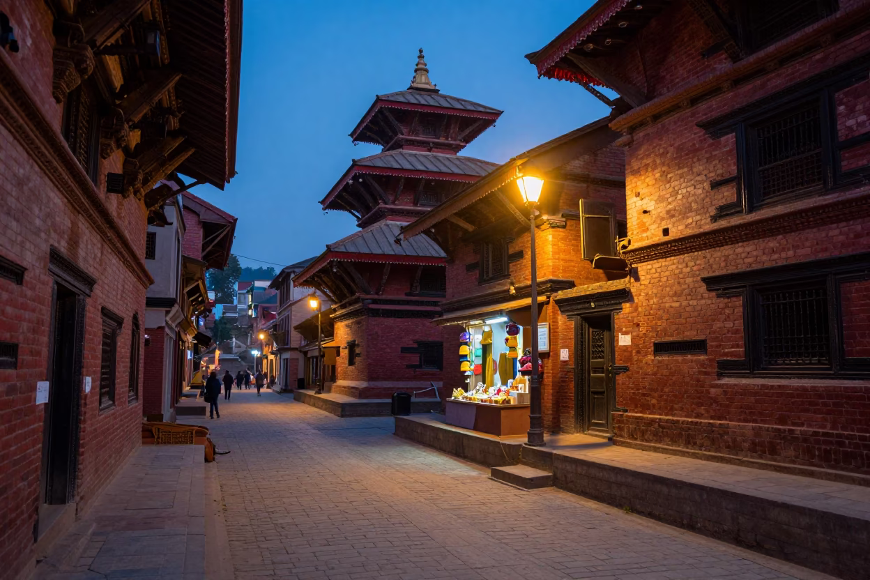 Street Scene in Kathmandu at Blue Hour in in Kathmandu, Nepal