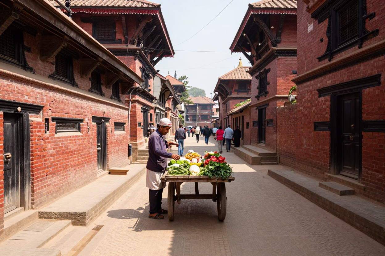 Street Scene in Kathmandu at Bright Midmorning Light in in Kathmandu, Nepal