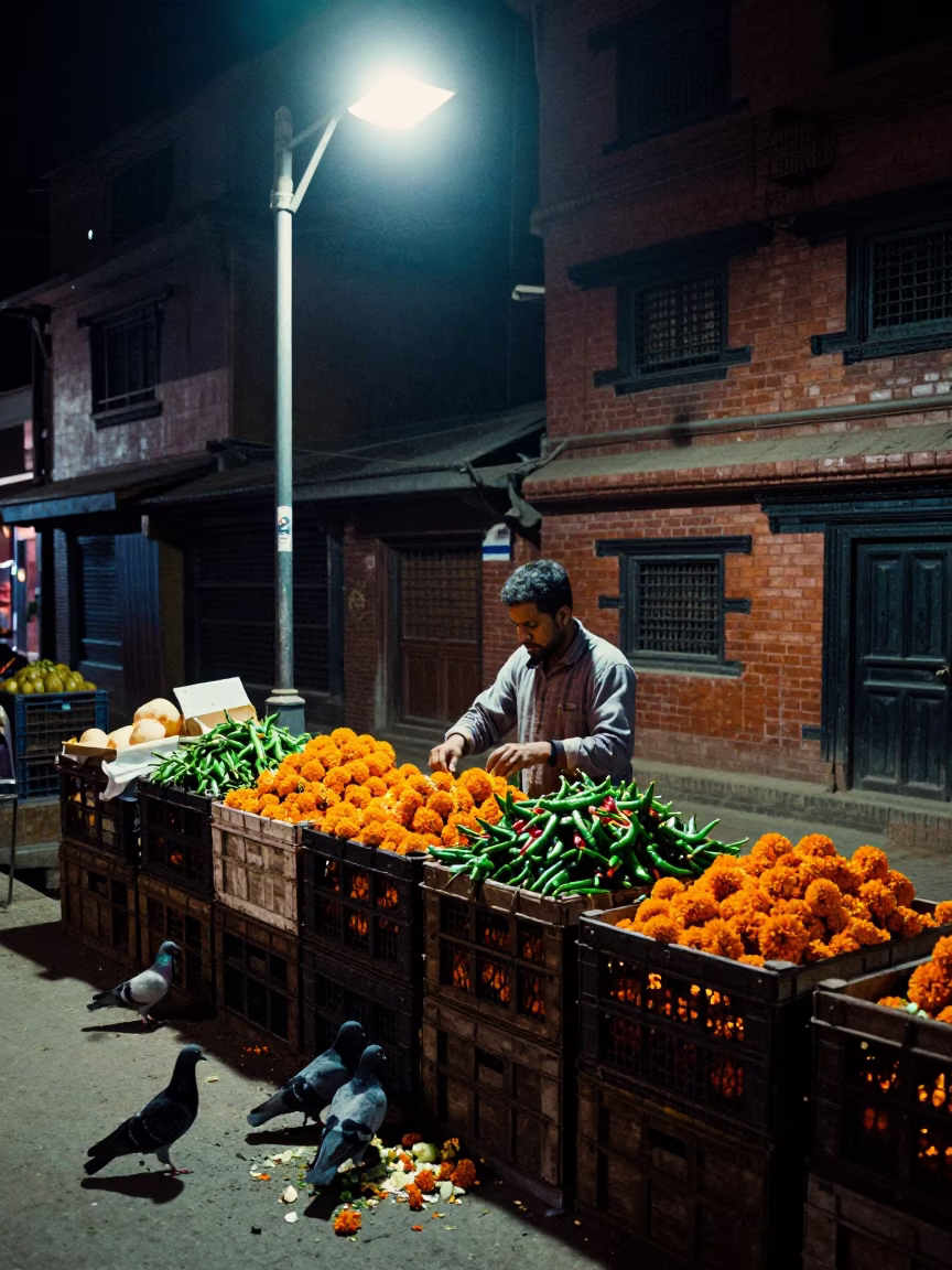 Street Scene in Kathmandu at Deep In The Night Light in in Kathmandu, Nepal