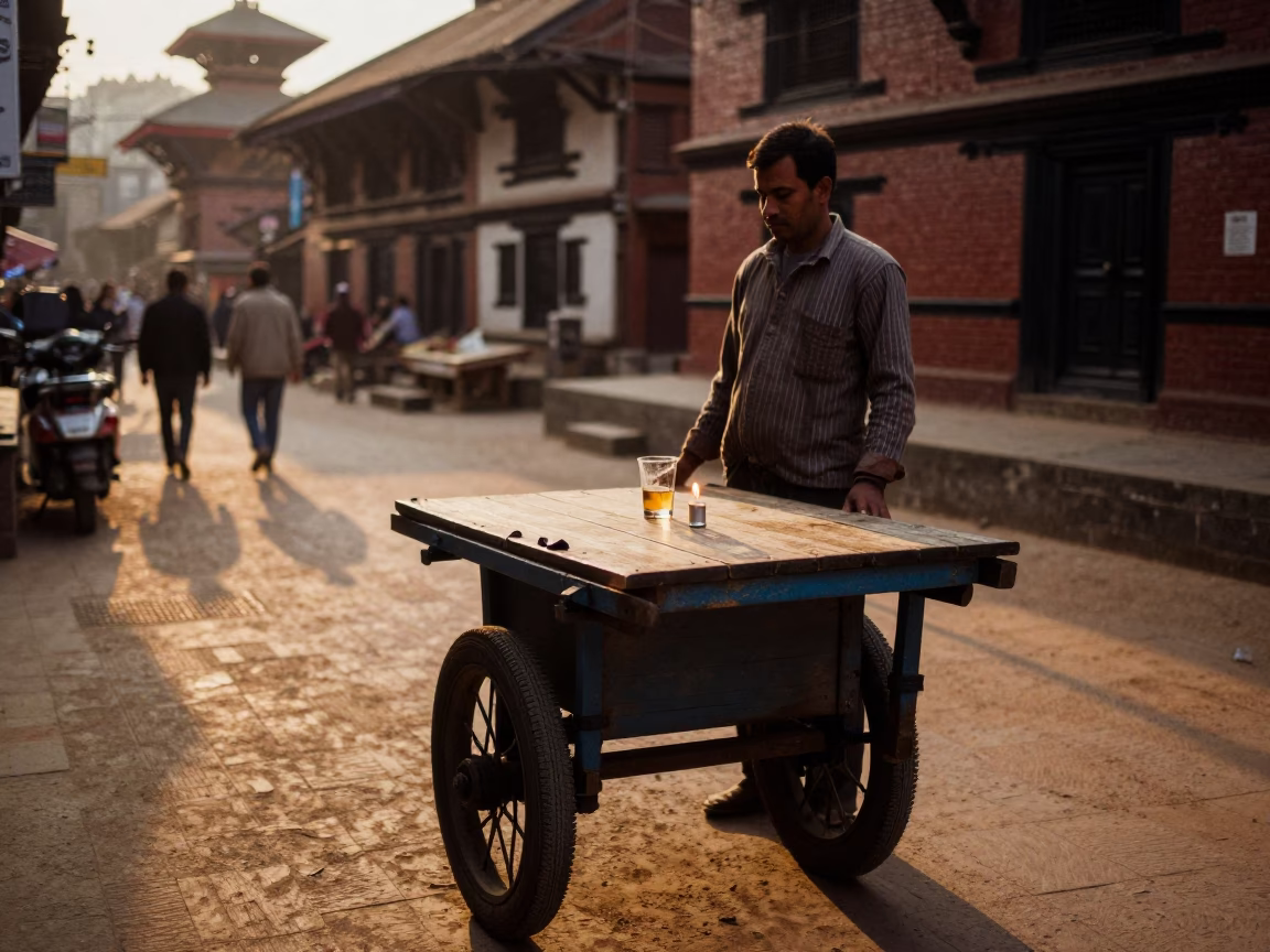 Street Scene in Kathmandu at Honeyed Evening Light in in Kathmandu, Nepal