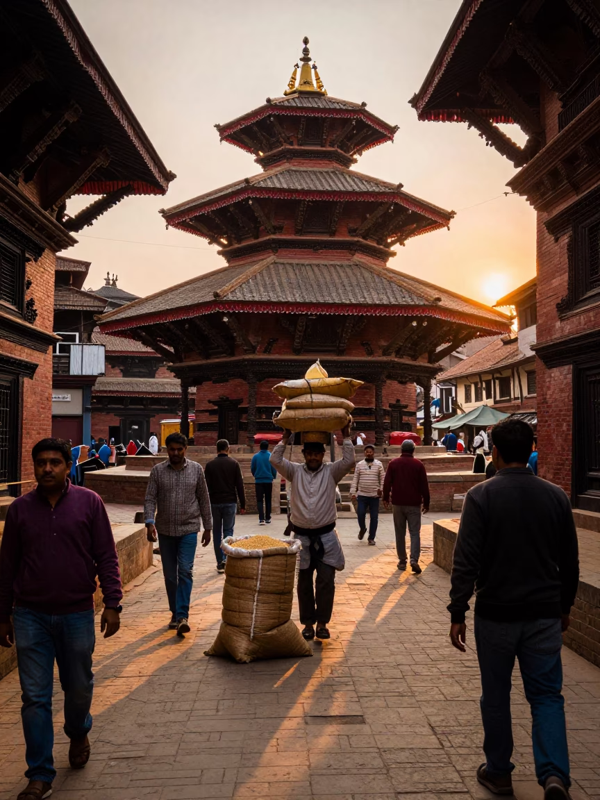 Street Scene in Kathmandu at Honeyed Evening Light in in Kathmandu, Nepal