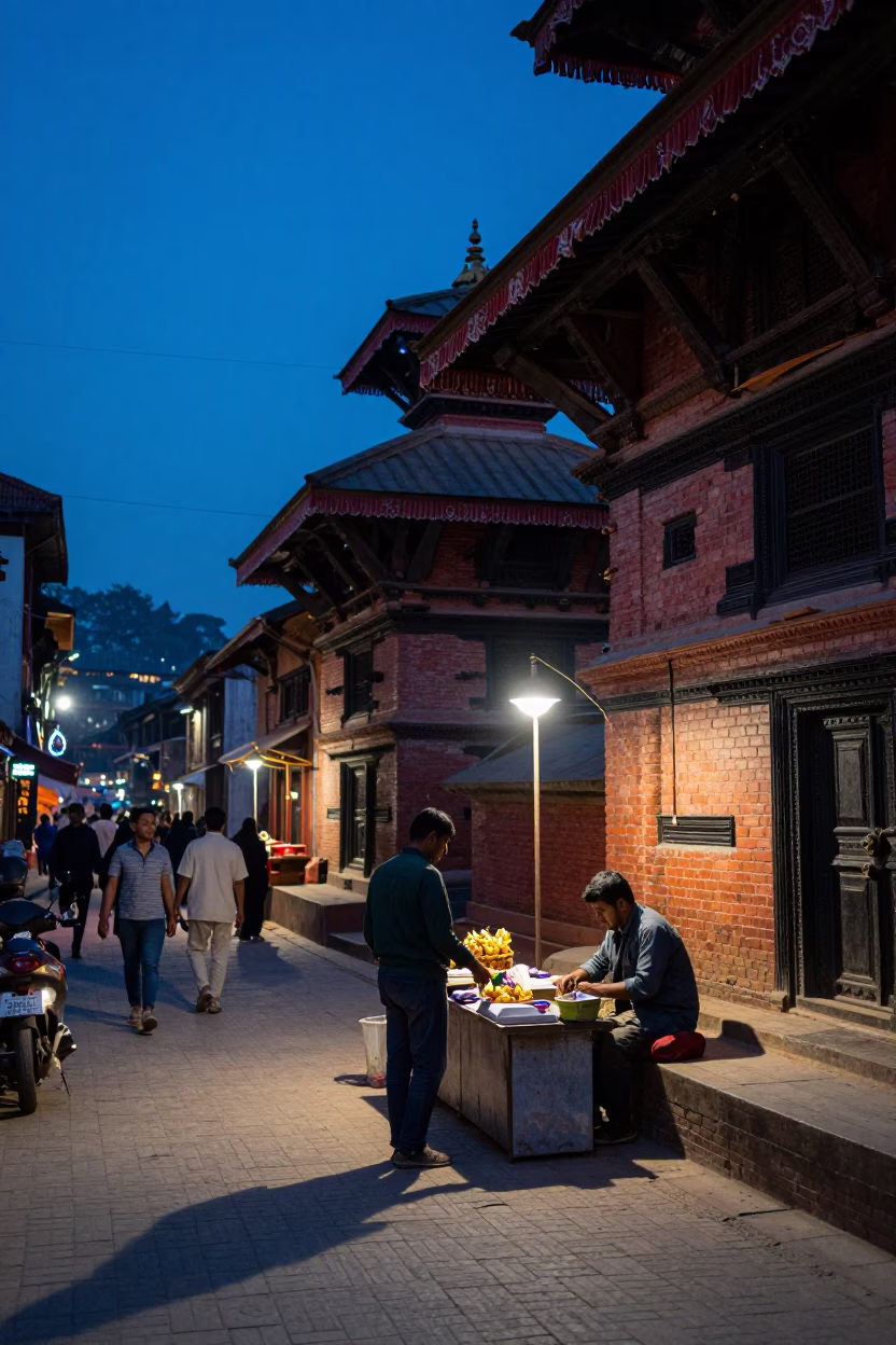 Street Scene in Kathmandu at Indigo Twilight After Sunset in in Kathmandu, Nepal