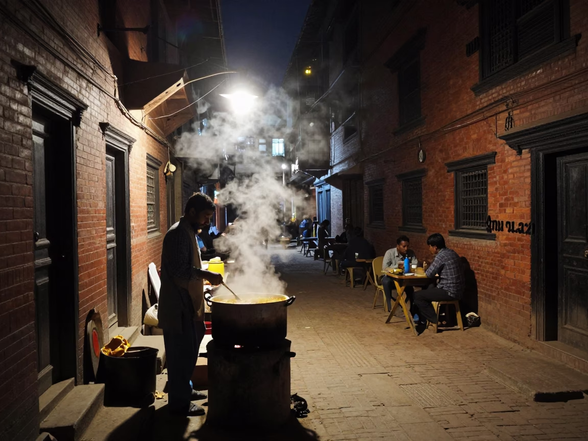 Street Scene in Kathmandu at Late At Night Light in in Kathmandu, Nepal