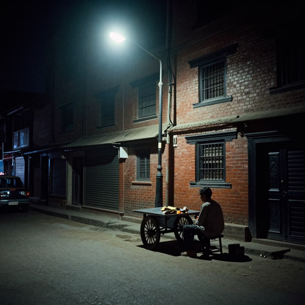 Street Scene in Kathmandu at Late At Night Light in in Kathmandu, Nepal