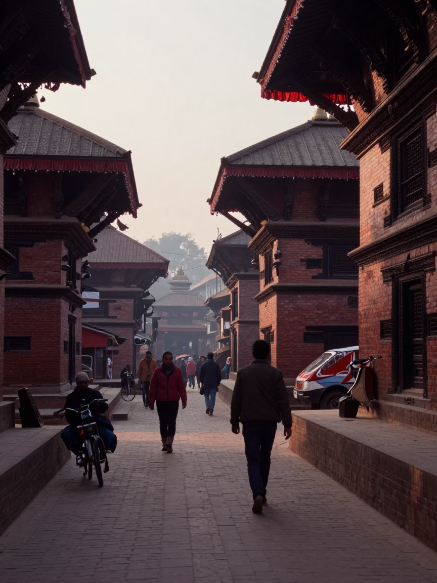 Street Scene in Kathmandu at The Early Morning Light in in Kathmandu, Nepal