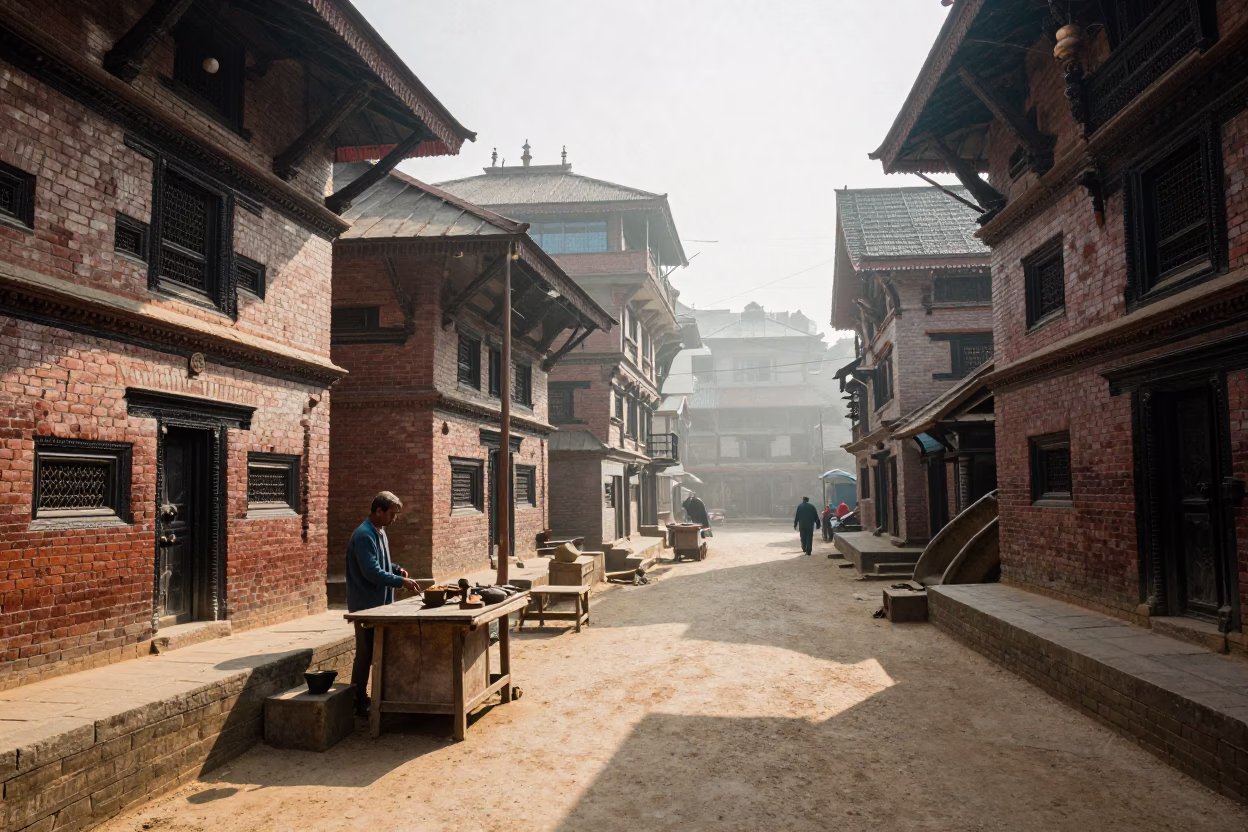 Street Scene in Kathmandu at The Early Morning Light in in Kathmandu, Nepal