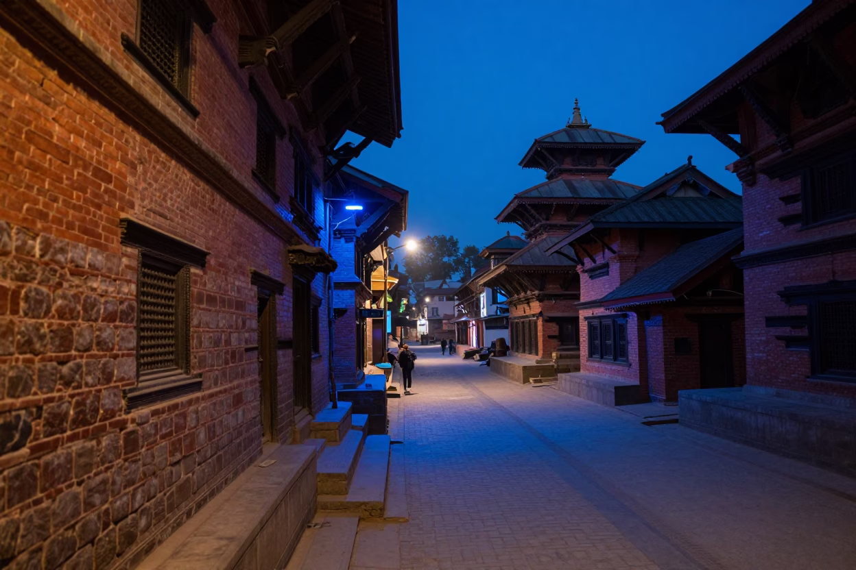 Street Scene in Kathmandu at The Last Blue Light Of Evening in in Kathmandu, Nepal