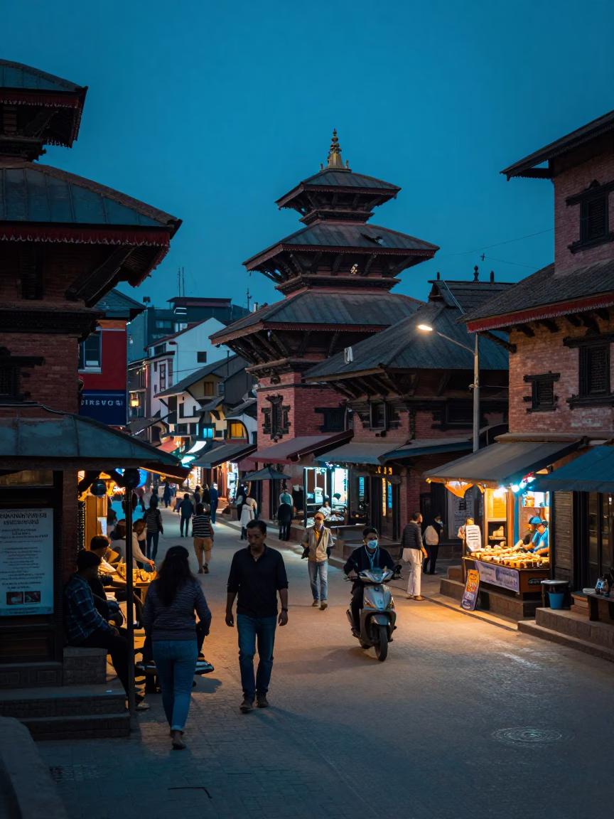 Street Scene in Kathmandu at The Last Blue Light Of Evening in in Kathmandu, Nepal
